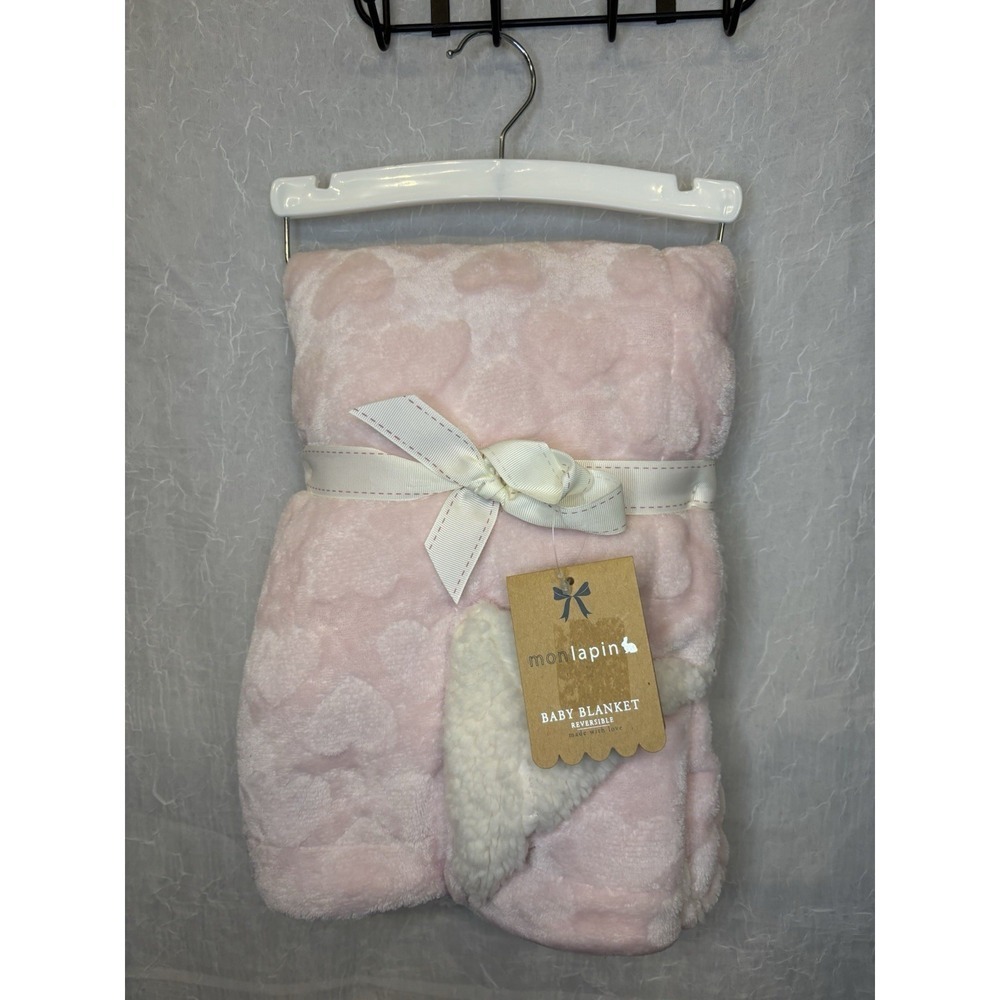 Mon Lapin Pink With Hearts Baby Blanket Plush Sherpa‎ Security 30x40" New